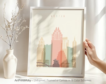 Austin TX print, Austin Skyline poster for home and office decor, Pastel City Prints, Wall Art Travel gifts | ArtPrintsVicky