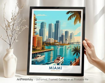 Miami Florida Skyline Travel Poster, Miami Art Print, Cityscape Wall Art for Home Office Decor, Housewarming Gift
