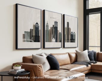 Detroit 3 Piece Wall Art Prints, Detroit Skyline Poster Set | ArtPrintsVicky