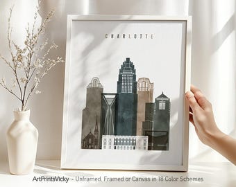 Charlotte NC Watercolor Print - Skyline Wall Art Poster | ArtPrintsVicky