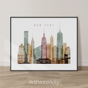 New York Minimalist Skyline Poster in Warm Watercolors, Landscape, Framed, Unframed or Canvas | ArtPrintsVicky