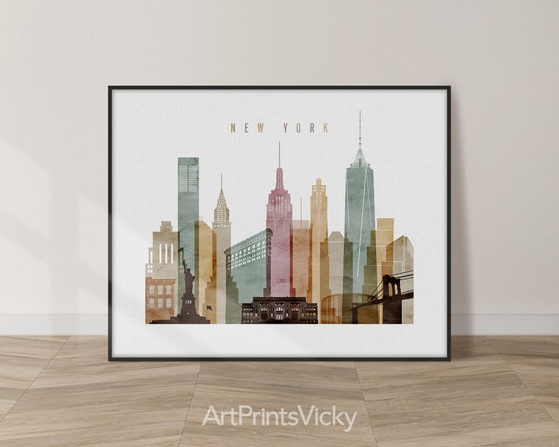 New York Minimalist Skyline Poster in Warm Watercolors, Landscape, Framed, Unframed or Canvas | ArtPrintsVicky