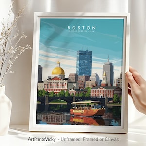 Boston Print, Travel Gifts, Retro Poster, Wall Art for Home and Office Decor