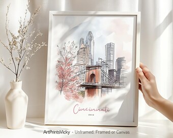 Cincinnati city poster | Skyline wall art print drawing | Modern home and office decor | ArtPrintsVicky