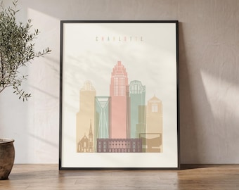 Charlotte NC Skyline Print: Cityscape Wall Art Poster, Travel Home Decor