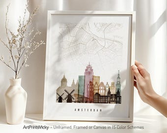 Amsterdam Map with Cityscape Poster Framed, Unframed or Canvas in 15 Colour Schemes