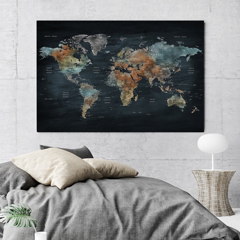 World Map Canvas World Map Detailed Canvas Print Map Canvas Etsy