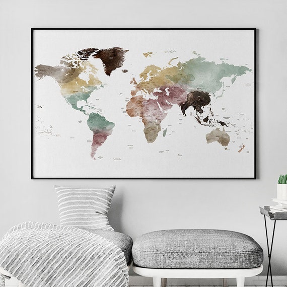 selecteer thuis gebied Wereldkaart kunst aan de muur grote wereldkaart print | Etsy