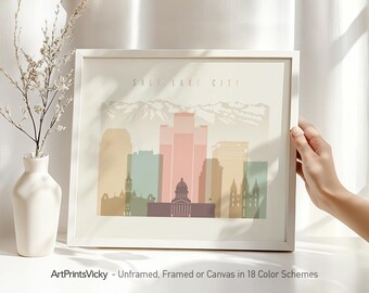 Salt Lake City Wall Art Print - Pastel Skyline Poster - Framed & Canvas | ArtPrintsVicky