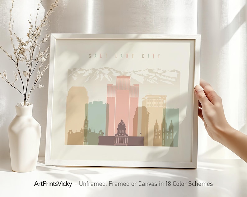 Salt Lake City Minimalist Print in Warm Pastels, Landscape, Framed, Unframed or Canvas | ArtPrintsVicky