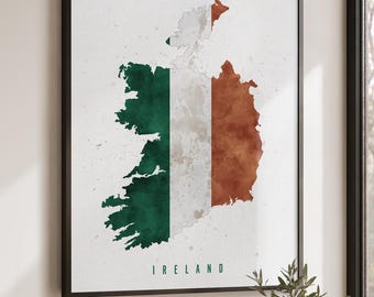 Ireland Map Poster, Ireland Flag Print, Irish Wall Art, Watercolor Country Decor, Housewarming Gift