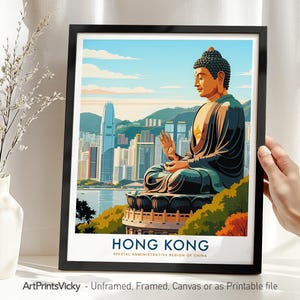 Hong Kong Cityscape Print: Buddha Statue, Asian Travel Art