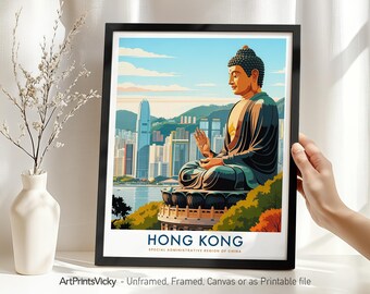 Hong Kong Travel Print, Wall Art Poster, Hong Kong Cityscape Illustration for Home Decor or Gift