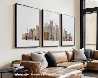 Pittsburgh 3 Piece Wall Art Prints, Pittsburgh Skyline Poster Set | ArtPrintsVicky