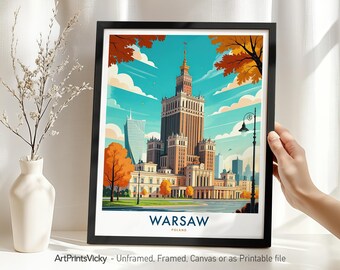 Warsaw Travel Poster – Poland, Warsaw Art Print, Cityscape Wall Art Decor for Home or Office, Wall Hanging, Housewarming Gift