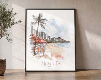 Honolulu Hawaii Wall Art, Travel Poster, Waikiki Beach Watercolor Print, Coastal wall decor