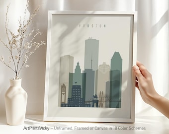 Houston TX Wall Art Poster, Skyline Print, Lime cream decor for Homes, Offices, and Unique Travel Gifts | ArtPrintsVicky