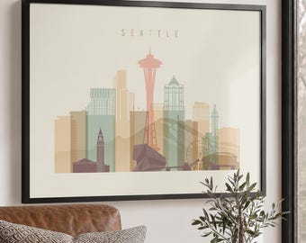 Seattle Wall Art Print, Washington Cityscape Poster, Travel Gifts, Office Decor