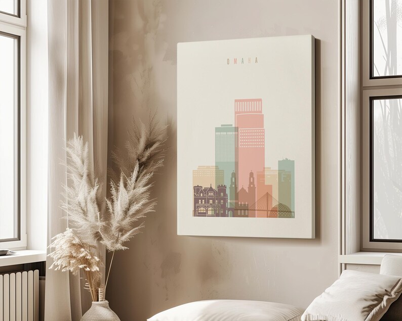 Omaha Modern City Print in Warm Pastels, Vertical, Framed, Unframed or Canvas | ArtPrintsVicky