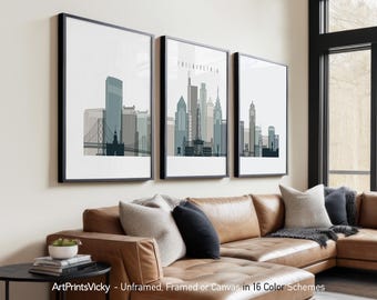 Philadelphia 3 Piece Wall Art Prints, Philadelphia Skyline Poster Set | ArtPrintsVicky