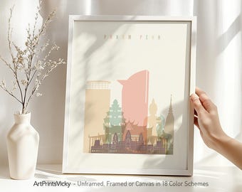 Phnom Penh Skyline Wall Art Poster Framed, Unframed or Canvas in 18 Colour Schemes