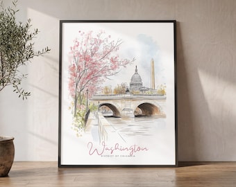 Washington DC Print, Watercolor Poster, Cityscape Wall Art, Travel Gifts