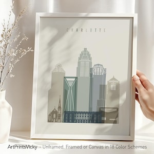 Charlotte NC Wall Art Print, Charlotte Poster Skyline, Lime cream decor | ArtPrintsVicky