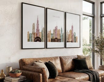 Chicago Set of 3 Prints, Skyline Triptych Poster, 3 Piece Wall Art Cityscape