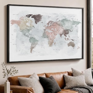 World Map Wall Art, Framed or Canvas, Personalized Travel Decor
