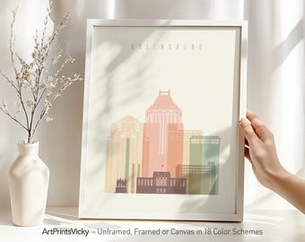 Greensboro NC Art Print, Greensboro Poster Skyline, Travel Wall Art, City print, Office and Home Decor | ArtPrintsVicky