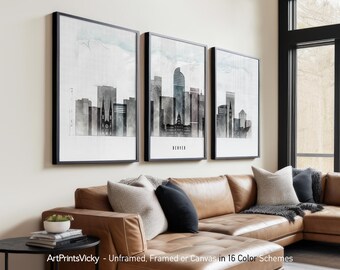 Denver Triptych Wall Art | Set of 3 Prints | Colorado Skyline | City Urban Watercolor Decor | Mile High Gift | ArtPrintsVicky