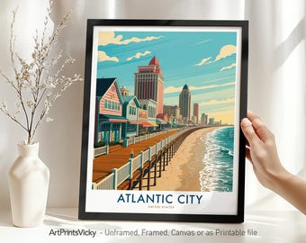 Atlantic City Travel Print - New Jersey, Atlantic City Poster Boardwalk, Cityscape Wall Art, Wall Hanging for Home Decor, Housewarming Gift