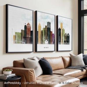 Detroit 3 Piece Wall Art Prints, Detroit Skyline Poster Set | ArtPrintsVicky