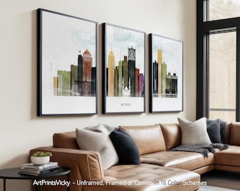 Detroit 3 Piece Wall Art Prints, Detroit Skyline Poster Set | ArtPrintsVicky