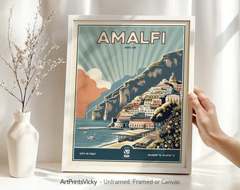 Amalfi Coast print | Amalfi Poster Italy Wall Art in Retro Style | Travel Gifts | Wall Hanging city prints  | ArtPrintsVicky