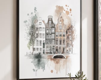 Amsterdam city wall art, Skyline Poster, Travel Decor, Netherlands Watercolor Cityscape
