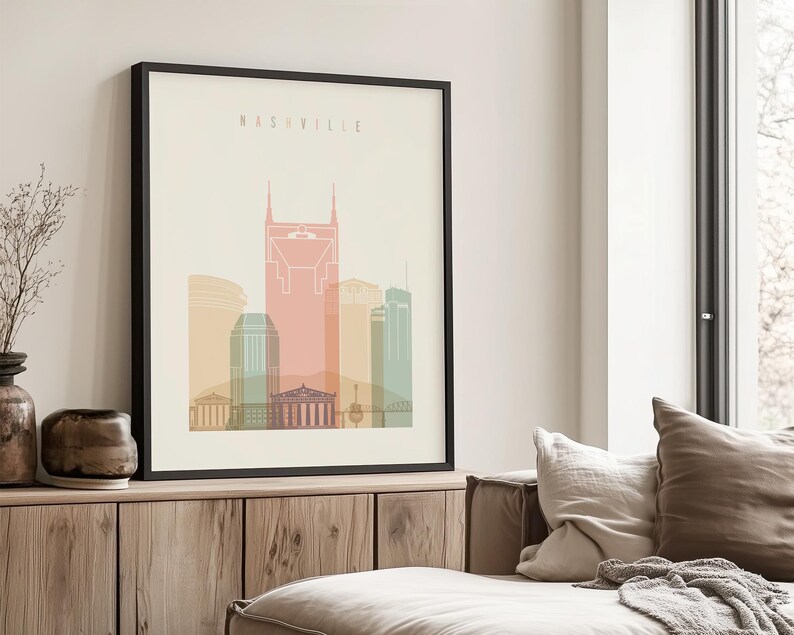 Nashville Modern City Print in Warm Pastels, Vertical, Framed, Unframed or Canvas | ArtPrintsVicky