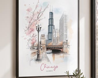 Chicago Wall Art Print, Travel Poster, Illinois Skyline, Home Office Decor