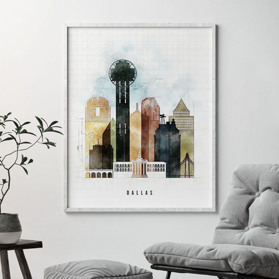 Dallas skyline art print Dallas watercolor poster urban by Etsy