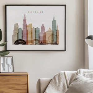 Chicago Skyline Poster in Warm Watercolors, Landscape, Framed, Unframed or Canvas | ArtPrintsVicky