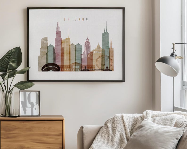 Chicago Skyline Poster in Warm Watercolors, Landscape, Framed, Unframed or Canvas | ArtPrintsVicky