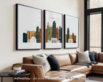 Kansas City 3 Piece Wall Art Prints, Kansas Skyline Poster Set | ArtPrintsVicky