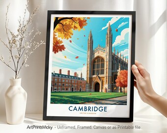 Cambridge Travel Print - UK, Cambridge Poster, City Art for Home Decor, Wall Hanging, Housewarming Gift