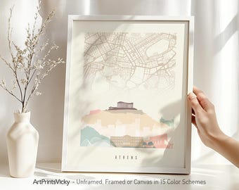 Athens City Map Poster, Art Print Skyline in Pastel Hues | ArtPrintsVicky