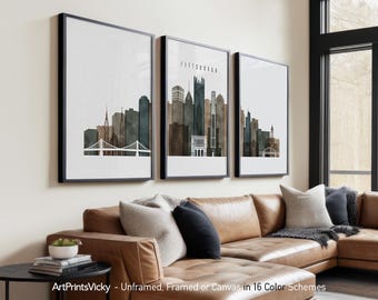 Pittsburgh 3 Piece Wall Art Prints, Pittsburgh Skyline Poster Set | ArtPrintsVicky