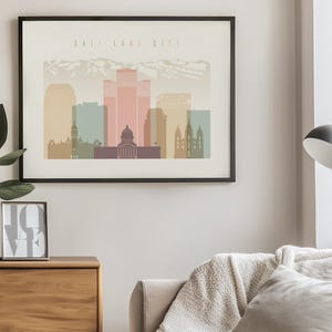 Salt Lake City Minimalist Print in Warm Pastels, Landscape, Framed, Unframed or Canvas | ArtPrintsVicky
