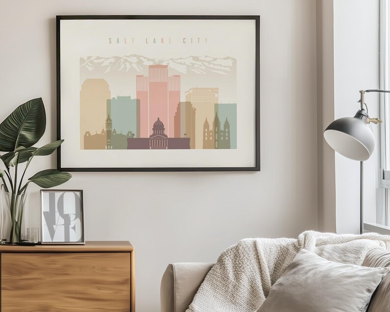 Salt Lake City Minimalist Print in Warm Pastels, Landscape, Framed, Unframed or Canvas | ArtPrintsVicky