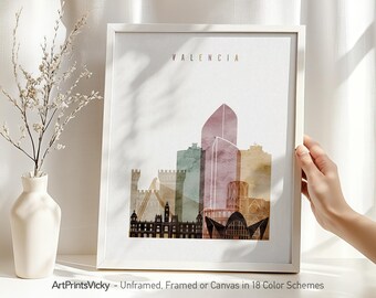 Valencia poster, watercolor skyline print, Spain cityscape, Travel poster, City print, Travel gifts, Office decor | ArtPrintsVicky