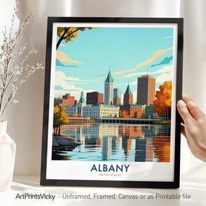 Impressão de viagem de Albany, NY, pôster com horizonte, decoração de parede de Albany, NY, arte de parede com paisagem urbana, decoração de parede com cidade moderna, presente de inauguração