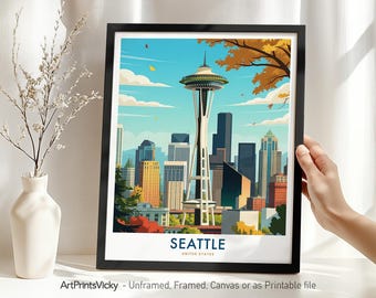Seattle Travel Poster, Seattle Skyline Print, Cityscape Wall Art for Home Office Decor, Housewarming Gift